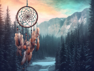 A dream catcher hanging from the side of a mountain. Generative AI. - obrazy, fototapety, plakaty