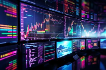 stock market data A row of monitors with a chart on the top that Generative AI