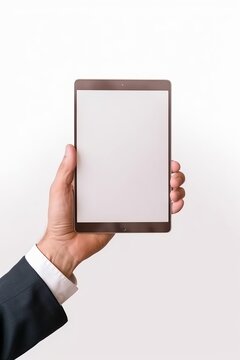 A hand holding a tablet with a white background mock up Generative AI