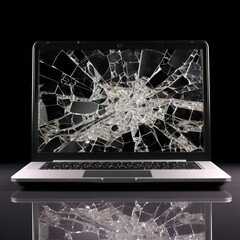 A laptop with a broken screen is shown on a black background. Generative AI