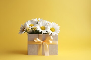 A bunch of daisies in a box on a yellow background Generative AI