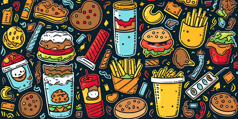 Fastfood hand drawn cartoon doodles illustration. Fast food funny objects and elements poster design. Creative art background. Colorful vector banner, Generative AI