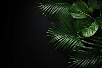 Green palm leaves on a black background empty space for text Generative AI