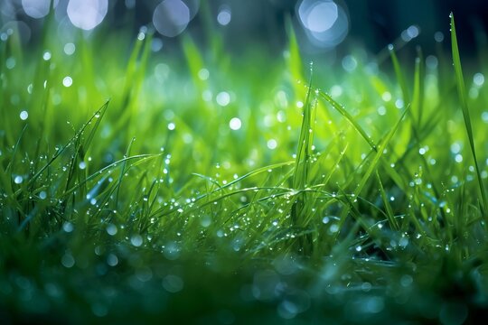 A close up of grass with water droplets on it Generative AI