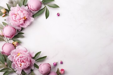 A wreath of peonies with green leaves on a white background mock up empty space for text Generative AI - obrazy, fototapety, plakaty