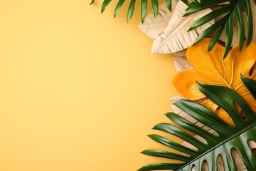 Fototapeta na wymiar Tropical leaves and palm leaves on a yellow background mock up empty space for text Generative AI