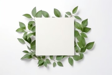 Square frame with green leaves on a white background mock up empty space for text Generative AI