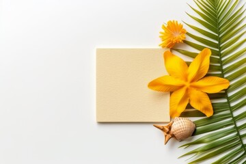 A yellow card with a tropical flower on it mock up empty space for text Generative AI