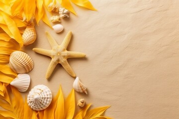 Fototapeta na wymiar A yellow starfish and shells on a sandy background mock up empty space for text Generative AI