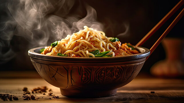 Noodles With Steam And Smoke In Bowl On Wooden Background, Selective Focus. Asian Meal On A Table, Junk Food Concept, Generative AI