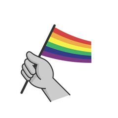 Fototapeta premium Hand holding lgbt rainbow flag. Cartoon arm doodle holding Pride symbol. Gender diversity representation.