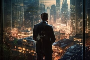 A man stands in front of a cityscape with the night city Generative AI - obrazy, fototapety, plakaty