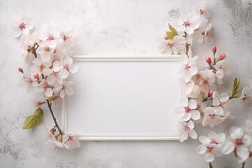 White frame with pink flowers on empty mock up a white background Generative AI