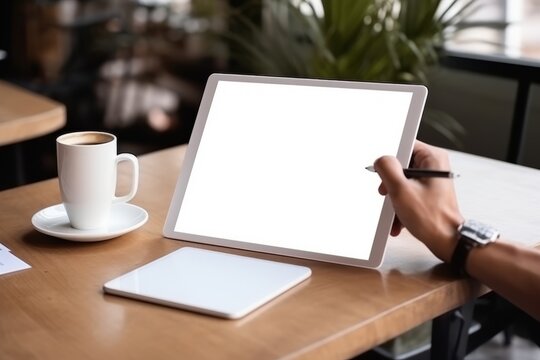 A person is drawing a blank empty mock up screen of a tablet with a coffee cup on the table Generative AI