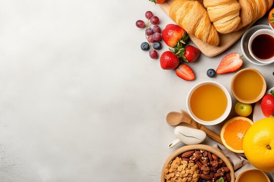 A table with a breakfast of fresh fruit and a croissant. Generative AI