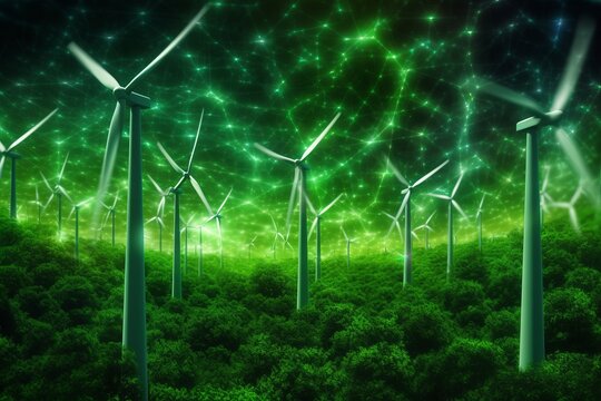 A green field with wind turbines in the middle of it Generative AI