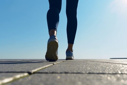 A person walking on a sidewalk with blue sneakers and a blue sky in the background. Generative AI