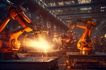 A factory with robots working on a metal structure Generative AI