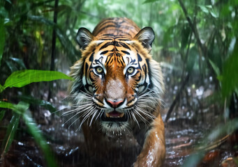 Fototapeta premium Tiger in the forest in the rain generative AI
