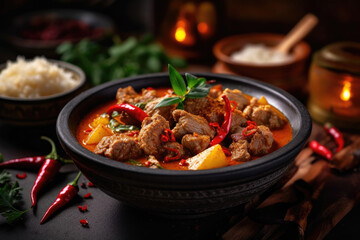 Spicy thai curry with pork meat serving with rice and decorating with herbal vegetable ingredients like chili and eggplant on rustic background - Thai food, Generative AI - obrazy, fototapety, plakaty