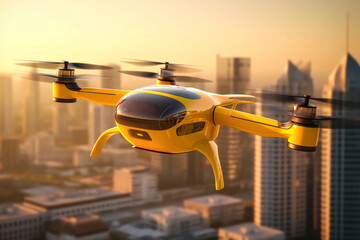 Air taxi A yellow drone on the city background Generative AI - obrazy, fototapety, plakaty