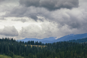 Carpathian mountain range under dramatic clouds. Summer scenery.