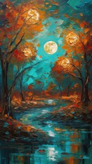 Fototapeta na wymiar Whimsical Fairy Tale Autumn Scene in Dark Turquoise Oil Painting. Generative AI