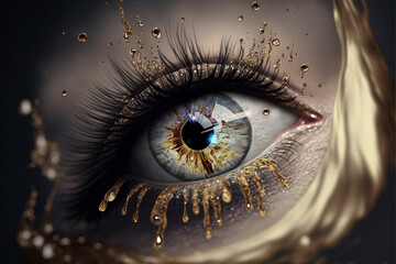 Auge mit Pupille in edlen Gold Farben Poster Nahaufnahme, ai generativ