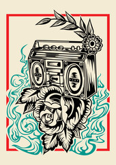 line art design vector illustration of radio with rose decoration