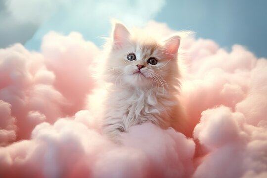 Cute kitten sits on light pink cloud shape on sky