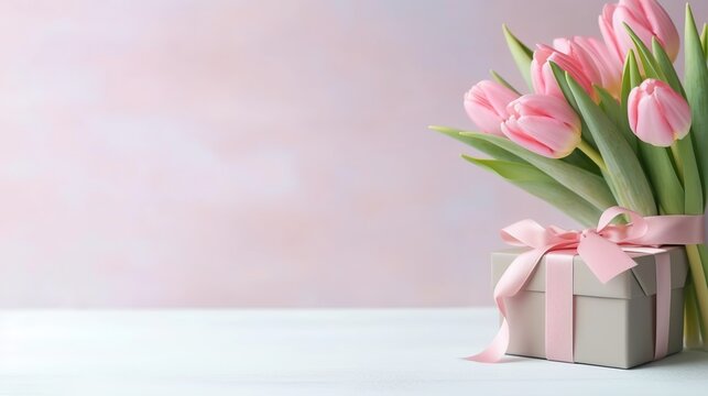 A pink tulip flowers bouquet and a gift box with a ribbon. Mother's Day celebration concept. - Powered by Adobe