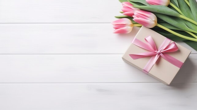 Top view of a pink tulip flowers bouquet and a gift box with a ribbon. Mother's Day celebration concept.