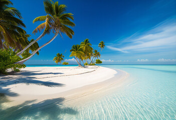 an idyllic coastal paradise with this stunning photograph featuring a pristine white sand beach, crystal-clear waters, and swaying palm tree. Ai generative.