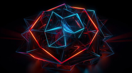 An image of an abstract neon pentagon with vibrant red and blue colors on a clean black background.