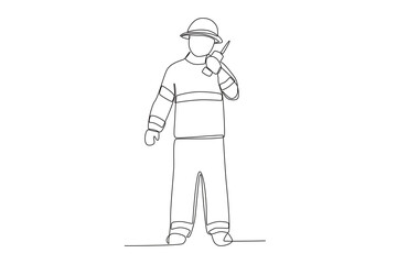 A fireman using handy talky. Firefighter one-line drawing