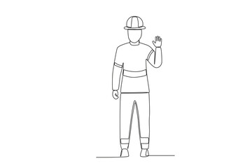 A firefighter raised his hand in greeting. Firefighter one-line drawing
