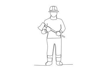 Fototapeta na wymiar A firefighter holds an axe with both hands. Firefighter one-line drawing
