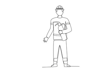 Fototapeta na wymiar A firefighter holding a fire extinguisher. Firefighter one-line drawing