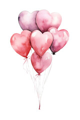 some colorful pink heart shape party balloons in watercolor design isolated against transparent