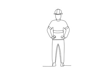 A firefighter stood with his hands around his waist. Firefighter one-line drawing