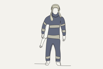 Color illustration of a fireman carrying a water hose. Firefighter one-line drawing