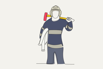 Color illustration of a firefighter holding an axe and a water hose. Firefighter one-line drawing