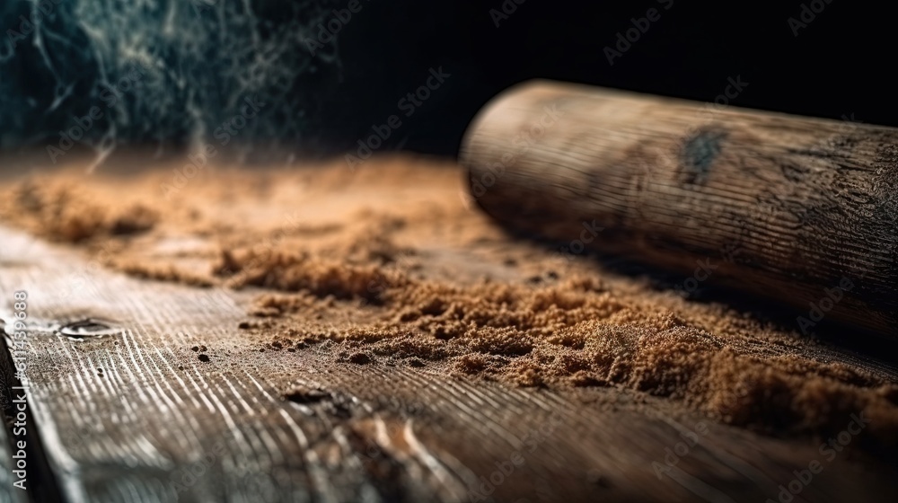 Poster a wooden table with a rolling pin on top of it. generative ai