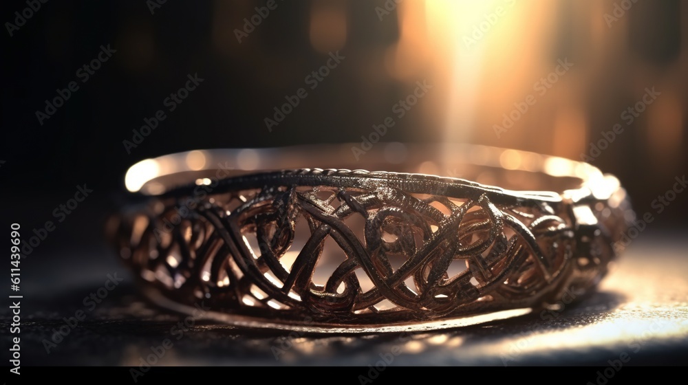 Poster a close up of a ring on a table with a light shining in the background. generative ai
