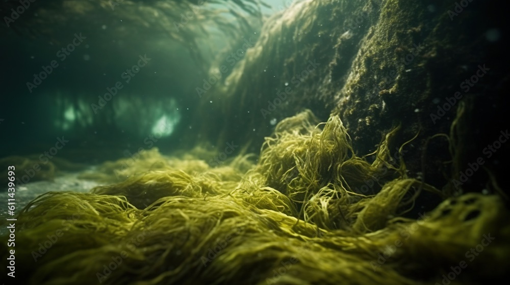 Poster an underwater scene with green algae and a stream of water. generative ai