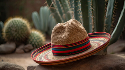 Mexican sombrero and cactus in desert Generative AI
