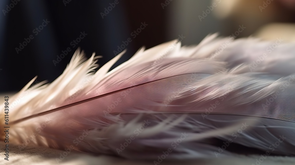 Poster a close up of a white feather on a table top. generative ai