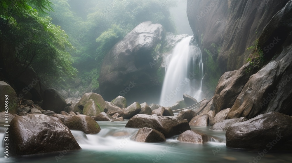Poster a waterfall in the middle of a forest filled with rocks. generative ai