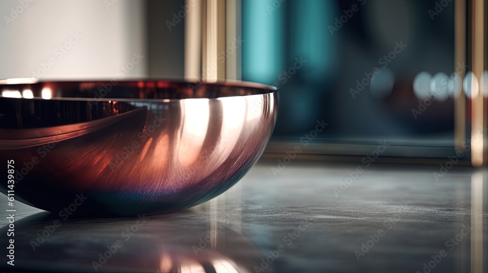 Poster a close up of a shiny bowl on a table with a mirror in the background. generative ai