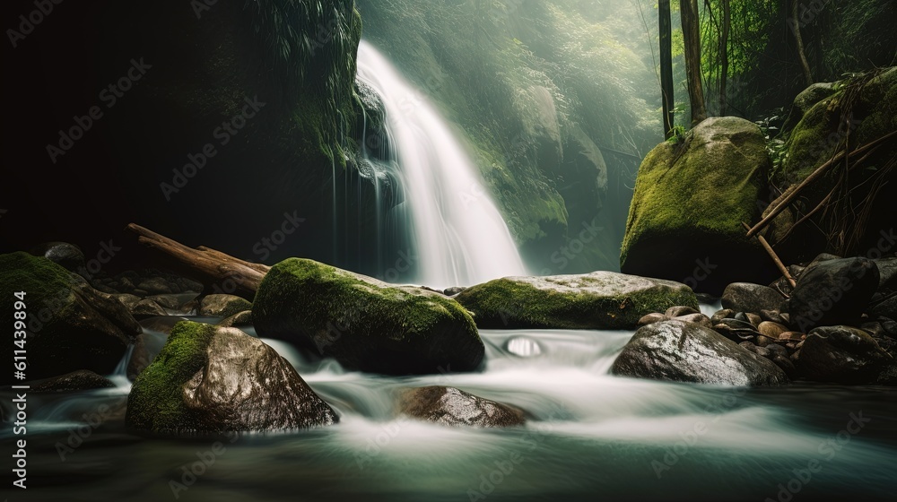 Aufkleber a waterfall in the middle of a forest with rocks in the foreground. generative ai